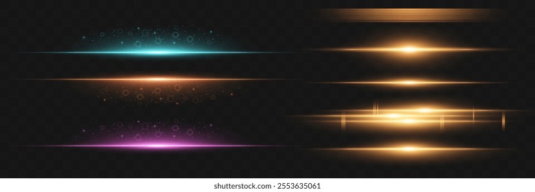 Set of horizontal light lines. Neon laser beams of light.Glowing stripes of light.Vector illustration.On a transparent background.