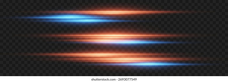 Conjunto de linhas de néon de luz horizontal. Em um fundo transparente.