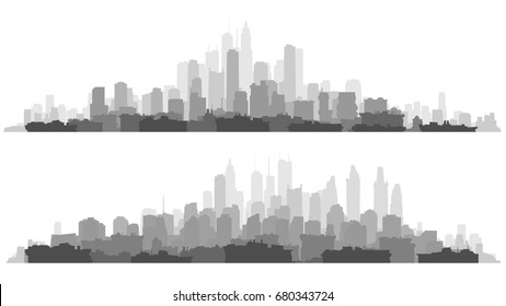 Set of horizontal line of silhouettes big city with roofs of houses and skyscrapers.