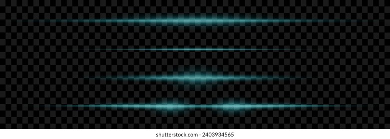 A set of horizontal lines, highlights and flares on a transparent background. Laser beams, horizontal light beams.