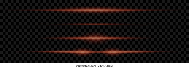 A set of horizontal lines, highlights and flares on a transparent background. Laser beams, horizontal light beams.