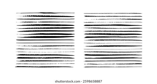 Set of horizontal lines. Marker hand-drawn line border set and scribble design elements. Lines hand drawn paint brush stroke. Vector set isolated on white. Hand drawn scribble.Black ink brush art