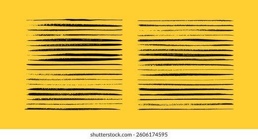 Set of horizontal lines. Marker hand-drawn line border set and scribble design elements. Lines hand drawn paint brush stroke. Vector set isolated on yellow. Hand drawn scribble.Black ink brush art
