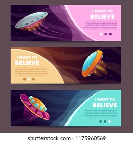 Set of horizontal long banners with cartoon alien spaceships. Vector illustration.