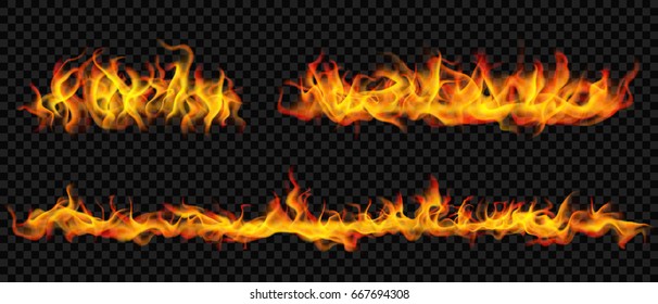 Set of horizontal long fire flame on transparent background. For used on dark backgrounds. Transparency only in vector format