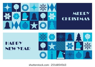 Conjunto de faixas horizontais de Feliz Natal e Ano Novo. Modelo de design de cartão comemorativo com impressão geométrica abstrata. Ilustração vetorial
