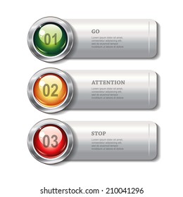 Set of horizontal metallic banners with round shiny buttons on white background for infographics, business design, reports, step presentation, workflow layout, website or app. Vector design.