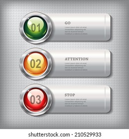 Set of horizontal metallic banners with round shiny buttons like a traffic lights on a metal textured  background for infographics, business design, reports, step presentation, website or app.