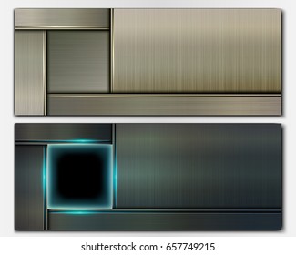 Set of horizontal metallic banners with square frame. Vector illustration.