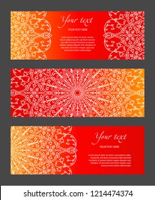 Set of horizontal narrow banners with ethnic symmetric abstract circle pattern