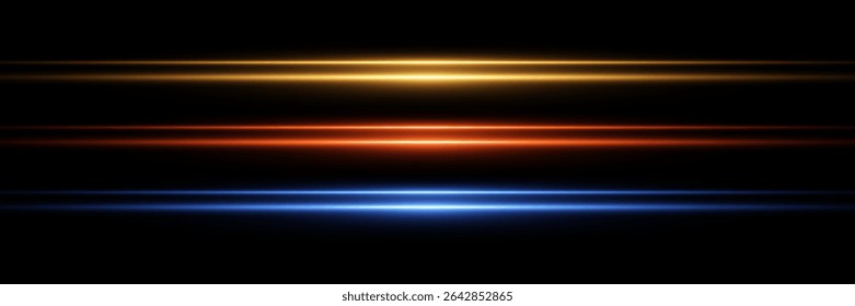 Set of horizontal neon lines and linear flashes. Particle motion effect. Vector EPS10