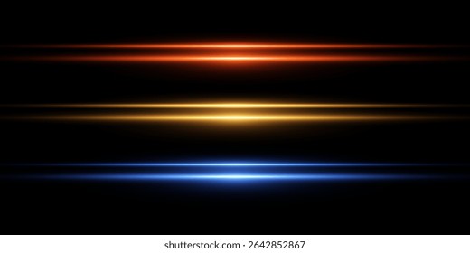 Set of horizontal neon lines and linear flashes. Particle motion effect. Vector EPS10