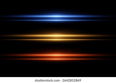 Set of horizontal neon lines and linear flashes. Particle motion effect. Vector EPS10