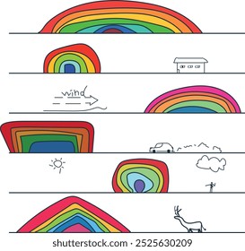 A set of horizontal objects, where the main element is a rainbow.