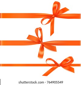 Set of horizontal orange ribbons with orange bows for gift decor. Autumn holiday decoration. Vector bow isolated on white