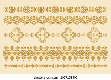 Set of horizontal ornaments in old style. Damask border patterns for decoration. Vector design element. Computer graphics.