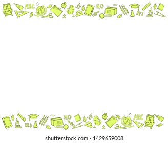 Set of horizontal ornaments of school supplies. Vector black and white illustration. Outline doodles isolated on white background.
