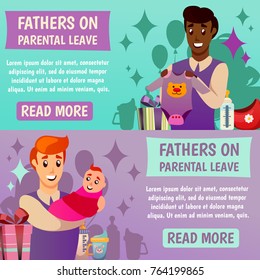 Set of horizontal orthogonal banners with happy fathers and baby during parental leave isolated vector illustration