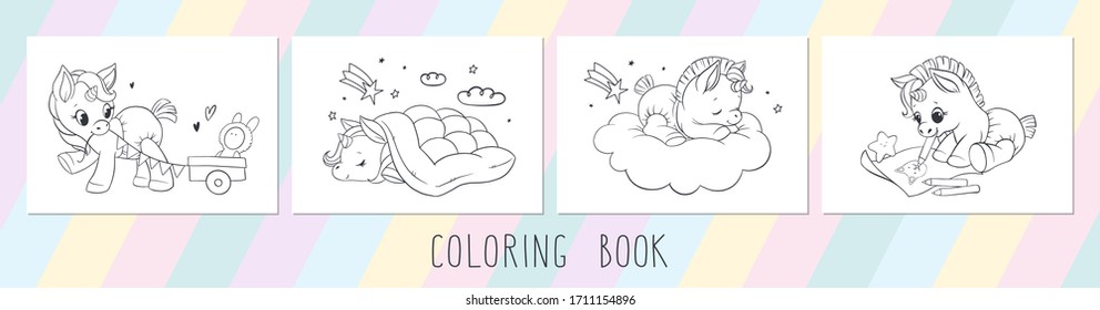 Set of horizontal pages for children's coloring book with cute unicorns. White pages with contour unicorns, stars and hearts on a rainbow background.