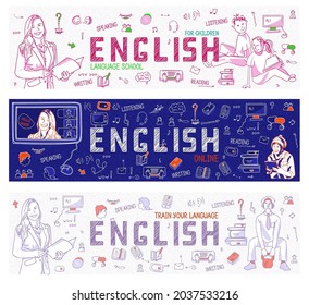 Set of horizontal panoramic banners for Children's Language course. Teach or learn English. Back to school illustration with outline icons, symbols, signs on white, blue background. Line art, vector