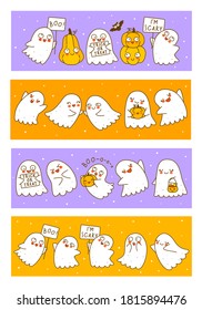 Set of horizontal panoramic banners with cute little ghosts and pumpkins isolated on white background - cartoon characters borders for funny Halloween design