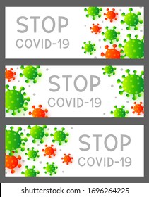 Set of horizontal panoramic banners with red coronavirus isolated on white background - concept of covid-19 pandemic