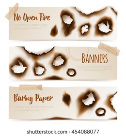 Set of horizontal paper banners with Burned edges and  burnt holes in realistic style vector  illustration
