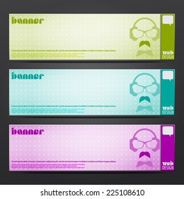 set of horizontal party banners with hipster dj. vector web design elements
