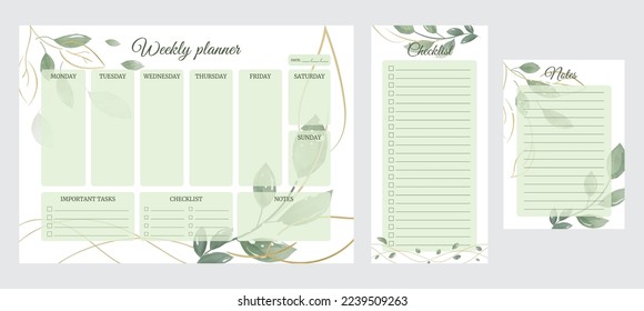 Set of horizontal personal weekly planner, notes, checklist template. Pages other format with Watercolor foliage design. Daily routine in vector format