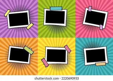 Set of horizontal photo frames in pop art style on bright background. Collection of photo frames in comic style for a photo album. Color stickers on frames. Template for the design of frames for photo