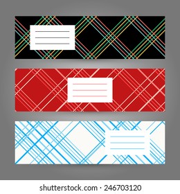 Set of Horizontal Plaid Banners. Abstract Geometric ornaments. Vector Illustration for print, flyer or leaflet. Simple design for invitation, postcard or poster.