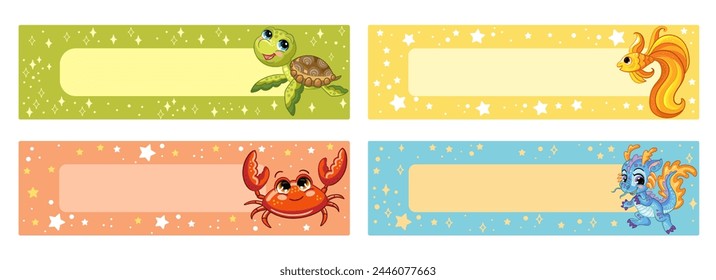 Set of horizontal planners with cartoon sea creatures. Kids schedule design template. Blank childish note stickers with turtle, goldfish, crab, sea dragon. Vector colorful illustration. Ready to print