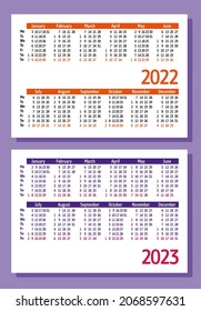 Establece calendarios horizontales de bolsillo para 2022, 2023 años en inglés. Diseño: naranja, púrpura, color de texto negro, fondo blanco, lugar vacío para el nombre de la empresa, logotipo. Vector. Tamaño 100 x 70 mm