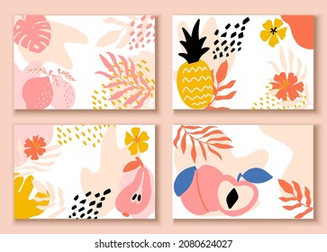 Set of horizontal posters with abstract tropical fruits, shapes, leaves and flowers. Modern abstract background with fruits, tropical leaves and flowers. Vector illustration of modern art.