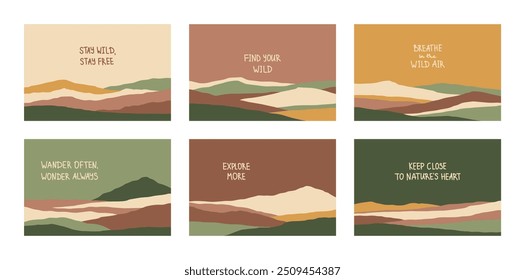 Conjunto de carteles Horizontales con citas de senderismo y siluetas de paisajes de montaña en estilo plano, colores tierra muda. Elemento de diseño para cartel, Anuncio. Diseño contemporáneo. Decoración futurista del arte de la pared