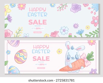 Un conjunto de Anuncios promocionales Horizontales para la Semana Santa. Conejitos de Pascua, huevos, flores. Descuentos de primavera, rebajas. Ilustración vectorial para carteles, Anuncios, anuncios, folletos