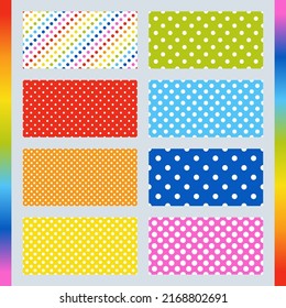 Set of Horizontal Rainbow Polka Dots Seamless Patterns. Harmonious Composition of Blue, Green, Orange, Red, Violet, Yellow Recurring Motives. Collection of Continuous Simple Bright Backgrounds.