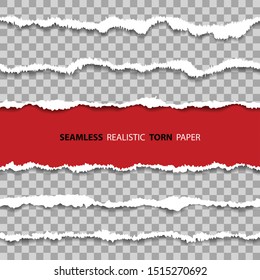 Set horizontal realistic seamless damaged borders, holes in sheet of paper with torn texture edges on transparent background. isolated vector illustration