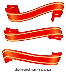 Set of horizontal red banners with double yellow border. Vector illustration, isolated on a white.