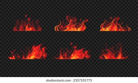 Set of horizontal red flames isolated on transparent backdrop. Vector elements of hot dynamic fire in various shapes