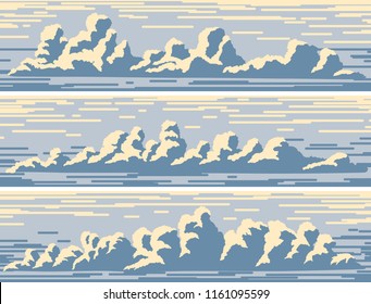 Set of horizontal retro banners with cumulus clouds over horizon in blue.