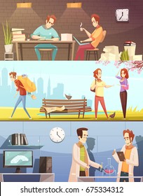 Set of horizontal retro cartoon banners with students during homework, chemical experiment, in park isolated vector illustration