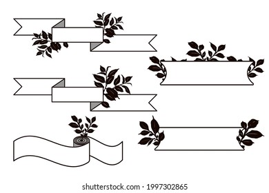 Set of horizontal ribbon banners with leaves silhouettes