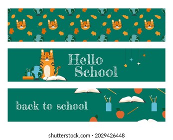 Set of horizontal ribbons back to school for kids with cute tiger character and school supplies. Cartoon vector banners for first graders.