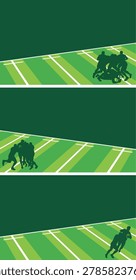 Set of horizontal rugby stadium banners in green tones, showing player silhouettes in action during a match with tackle, ruck, and maul phases.
