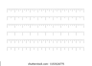 Set of horizontal rulers - lenght and size indicators distance units divided in quaters. Vector illustration.