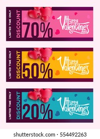 Set of horizontal sale header or banner with discount offer for Happy Valentine's Day celebration, flyers, covers, posters, brochure, voucher. Vector illustration template. 