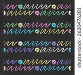 Set of Horizontal Seamless Borders Chalk Drawn Sketches of Colored Scribbles. Collection of Textural Crayon Drawings of Endless Patterns for Cards, Banners, Covers, Postcards, Envelopes, Forms.