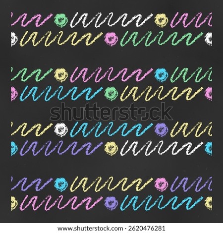 Set of Horizontal Seamless Borders Chalk Drawn Sketches of Colored Scribbles. Collection of Textural Crayon Drawings of Endless Patterns for Cards, Banners, Covers, Postcards, Envelopes, Forms.