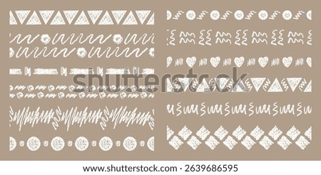 Set of Horizontal Seamless Borders Chalk Drawn Sketches of White Scribbles. Kit of Vintage Textural Crayon Drawings of Endless Patterns for Cards, Banners, Covers, Postcards, Envelopes, Forms.